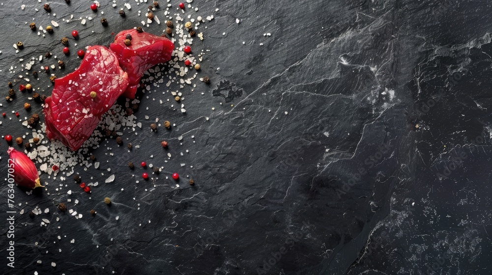 Raw meat. Fresh steak, pork steak with herbs and spices at black background Raw meat. Fresh steak, pork steak with herbs and spices at black background