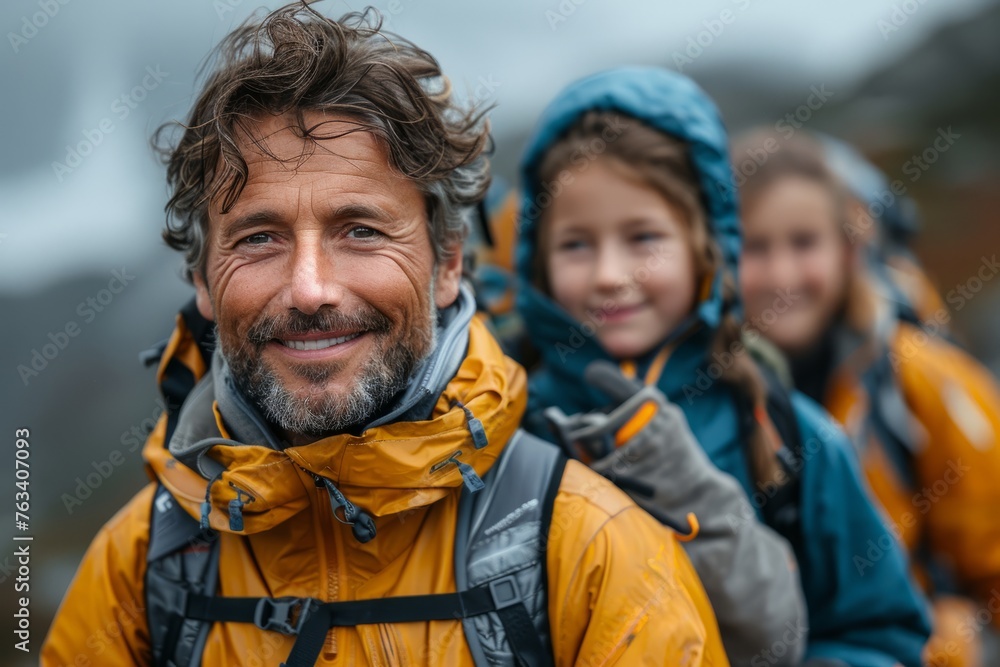 A child and father wearing matching yellow rain jackets look pensively into the distance during a forest hike A child and father wearing matching yellow rain jackets look pensively into the distance during a forest hike