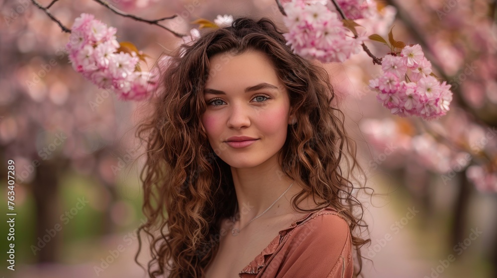 Girls face in frame of blossom tree branch outdoor