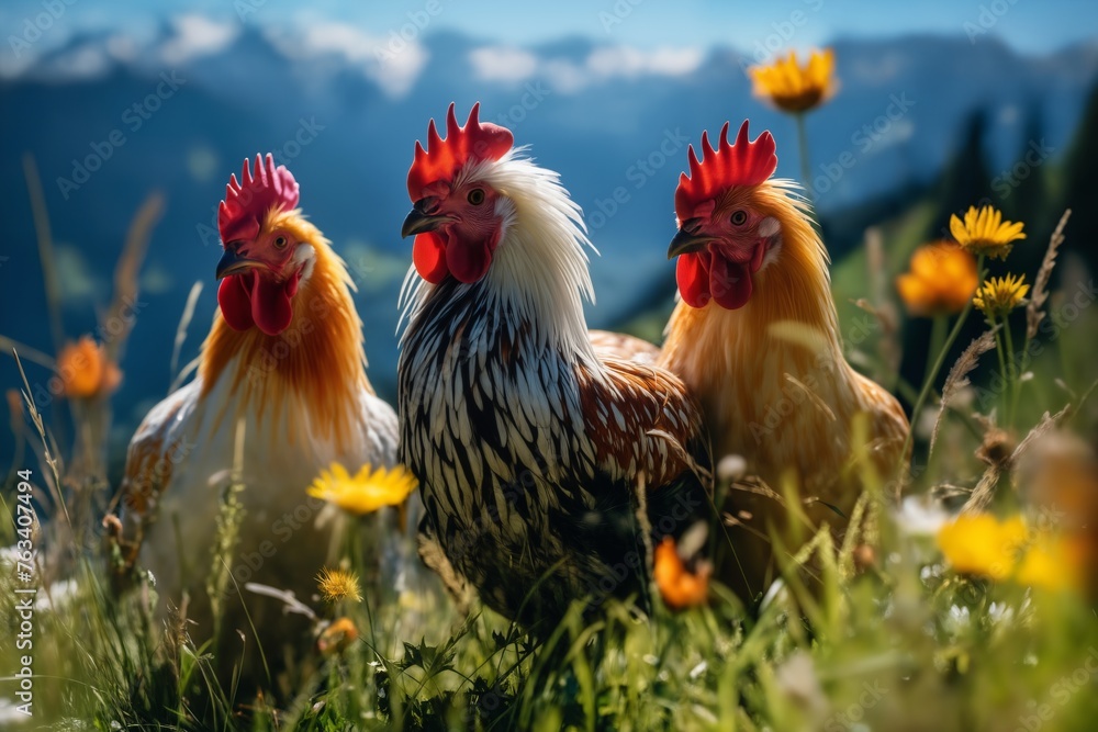 Fototapeta premium Portrait of chickens on a green grass meadow in mountains, bright sunny day, on a ranch in the village, rural surroundings on the background of spring nature