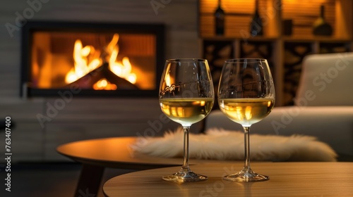 Wine glasses, Drinking Wine with a fireplace background
