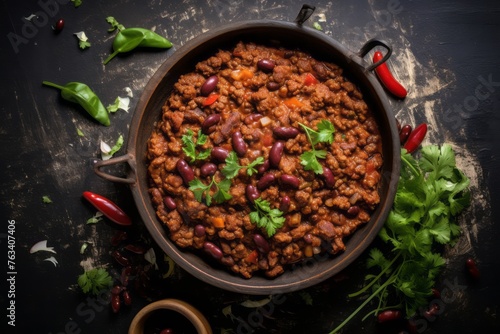 Juicy chili con carne on a rustic plate against a galvanized steel background