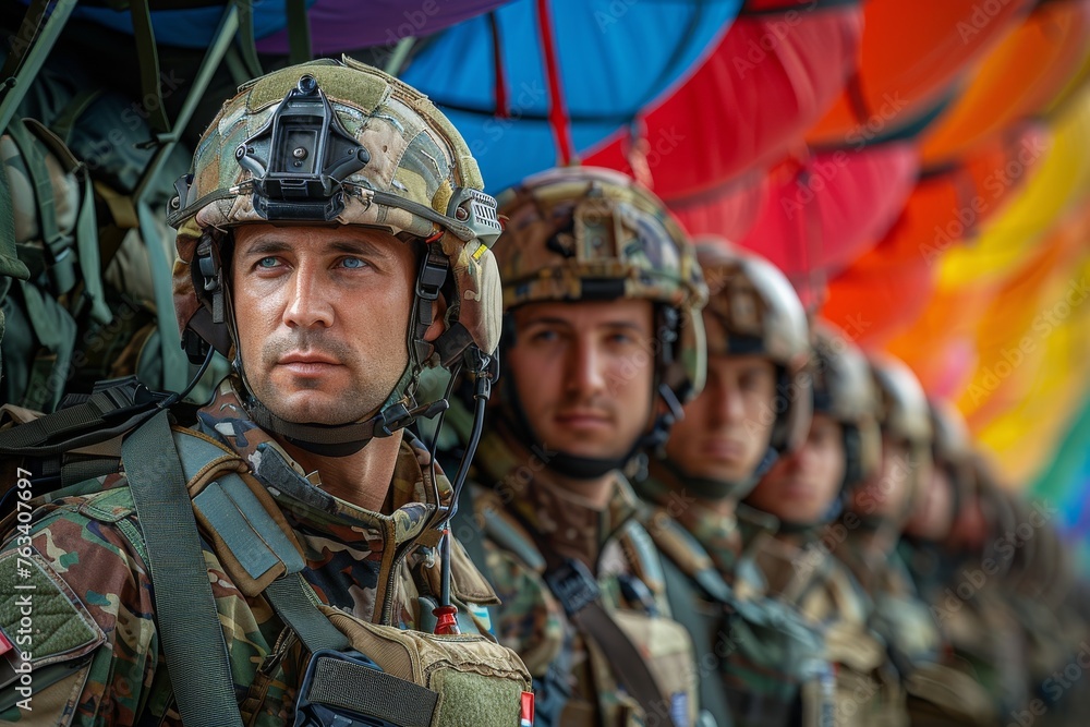 Alert paratrooper wearing a helmet camera, lined up with his squad, ready for a military exercise - obrazy, fototapety, plakaty 