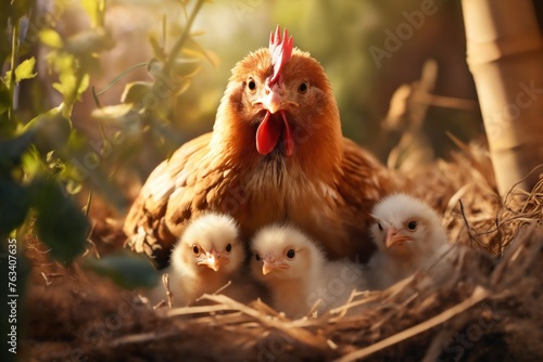 Portrait of a chicken family with a mother and small baby chickens in a nest, near a chicken coop on a ranch in the village, rural surroundings on the background of spring nature © soleg