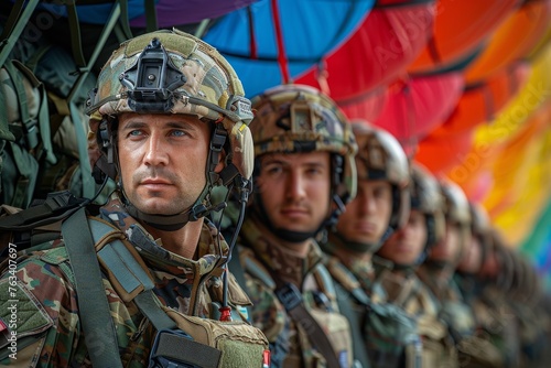 Alert paratrooper wearing a helmet camera, lined up with his squad, ready for a military exercise photo