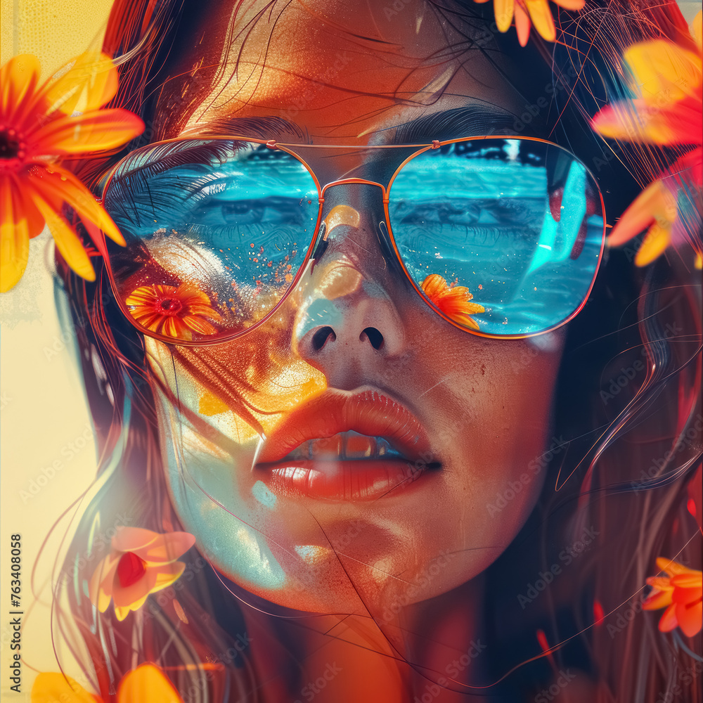 ethereal abstract colorplay woman wearing sunglasses, summer vibes