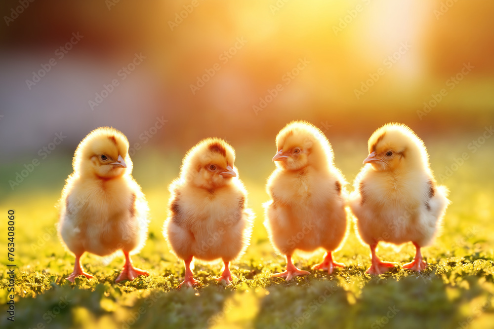 Portrait of small baby chickens on a green grass meadow, bright sunny day, sun beams at sunset, on a ranch in the village, rural surroundings on the background of spring nature Portrait of small baby chickens on a green grass meadow, bright sunny day, sun beams at sunset, on a ranch in the village, rural surroundings on the background of spring nature