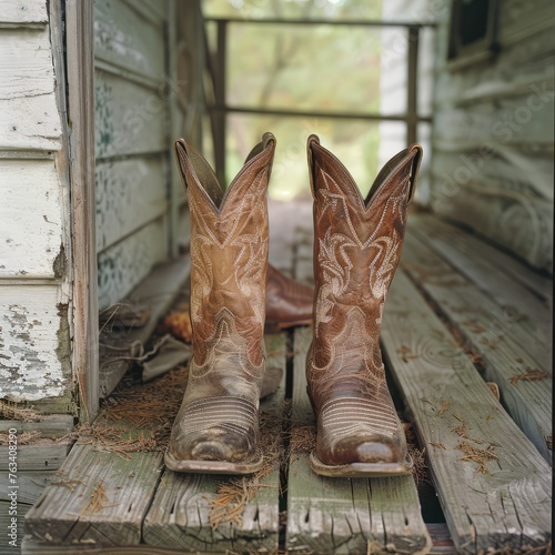 cowboy boots in rural country farm porch setting, Oregon, Washington