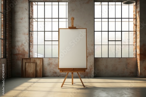 Easel stands in front of two windows