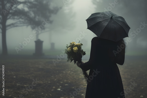 Woman in black standing at the cemetery holding an umbrella and flowers, rainy weather, foggy atmosphere