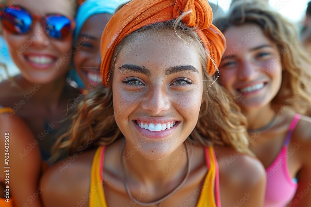 A group portrait of smiling young friends enjoying camaraderie and summer vacation fun A group portrait of smiling young friends enjoying camaraderie and summer vacation fun