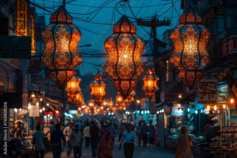 Ornate lanterns illuminate a bustling market street at twilight.