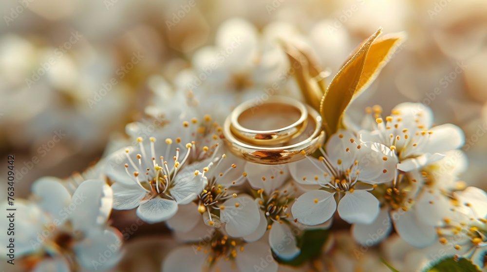 Tiny white blossoms encircling gleaming gold bands, symbolizing eternal love Tiny white blossoms encircling gleaming gold bands, symbolizing eternal love