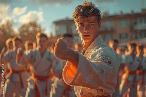 Golden hour light bathes a young martial artist in a white gi performing a karate kata