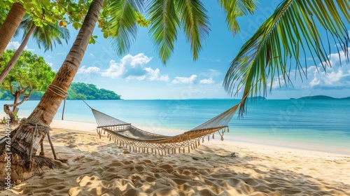  Hammock with palm trees on a sandy beach © Media Srock