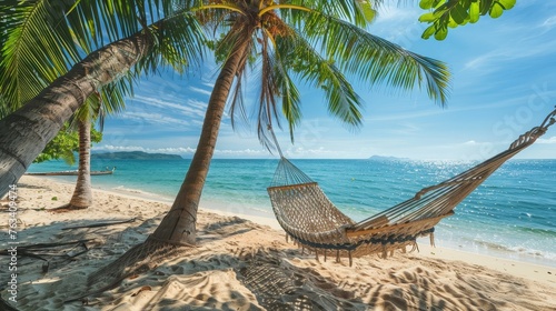  Hammock with palm trees on a sandy beach