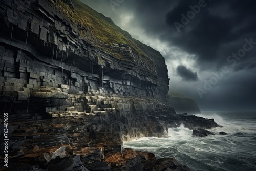 Coastal cliffs with crashing waves under a moody sky