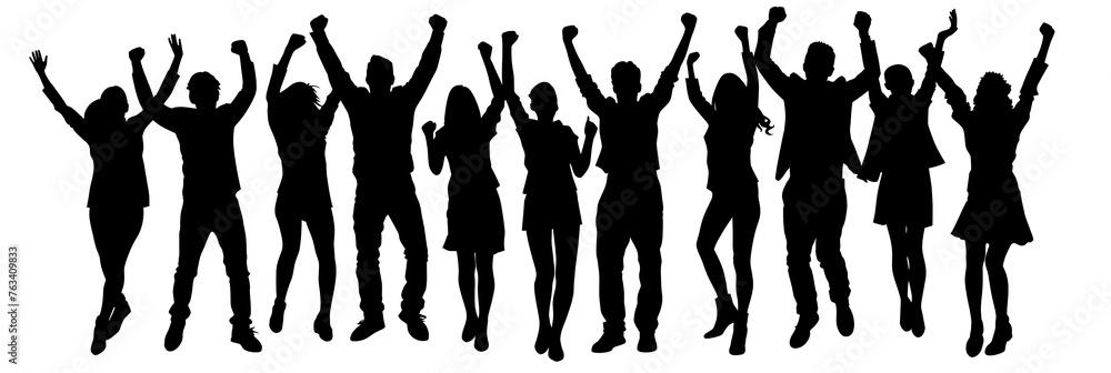 Black silhouette of a group of dancing and celebrating people, transparent or isolated on white background Black silhouette of a group of dancing and celebrating people, transparent or isolated on white background
