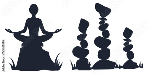 Silhouette of meditating man on stone. Balance stones. Balanced pebbles isolated on white background. Yogi in lotus position