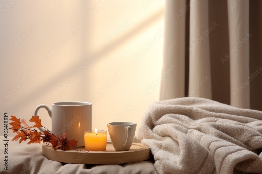 Cozy fall scene mockup with a blanket, a cup of coffee, and warm lighting
