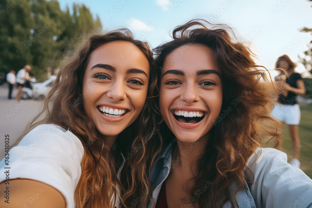 Cheerful female friends taking selfie Cheerful female friends taking selfie