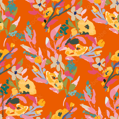  Abstract floral seamless pattern. Bright colors, gouache painting.hand drawn, not AI