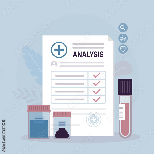 Stool, blood and urine test tubes. Medical form with results data. Feces urethra sample in glass tube. Laboratory containers with excrement and pee. Paper document,