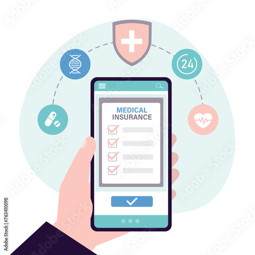 Health insurance online concept. Healthcare on mobile phone. Health care, finance and medical service. Technology for purchasing insurance policy online. Protection and security.