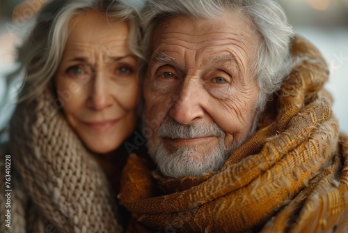 Close-up of a mature couple's faces, showing love and companionship with fashionable scarves