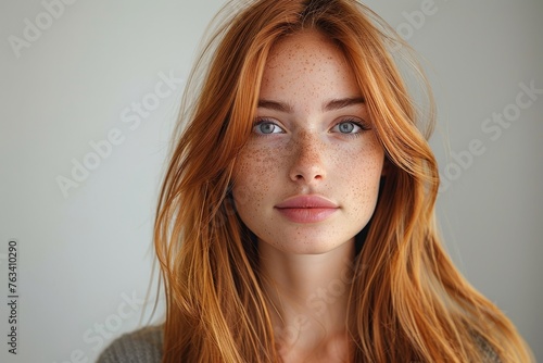 young woman with long silky straight orange brown hair isolated on white background Hair color for the beauty salon industry, color styles,close-up portrait of Hair orange color woman. photo