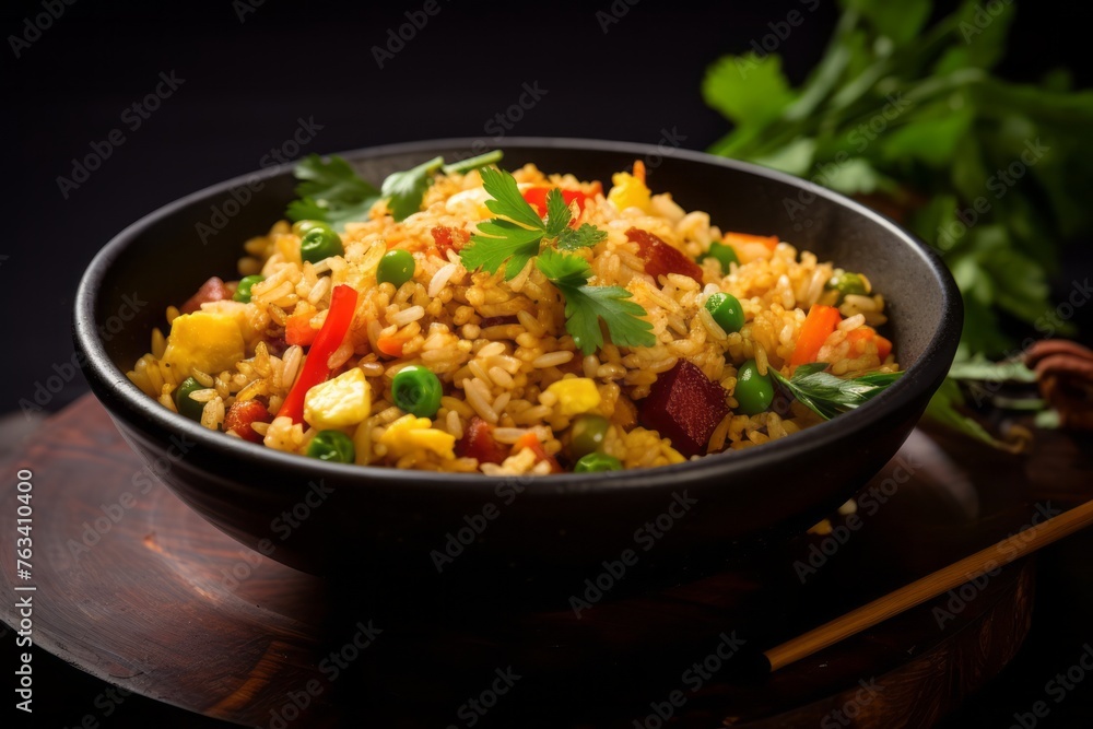 Delicious fried rice on a rustic plate against a dark background Delicious fried rice on a rustic plate against a dark background