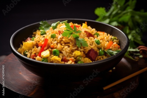 Delicious fried rice on a rustic plate against a dark background