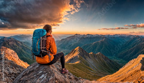 A woman with a backpack sits on a mountain peak, watching the sun rise over a valley.