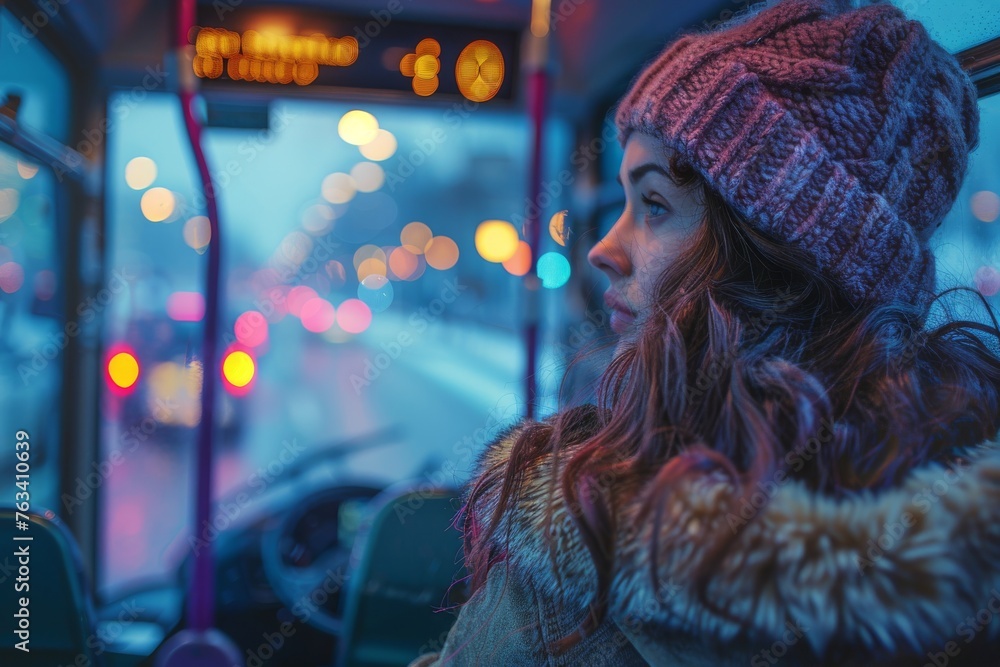 Profile view of a person wrapped up in winter wear on a bus, city lights glowing at dusk Profile view of a person wrapped up in winter wear on a bus, city lights glowing at dusk