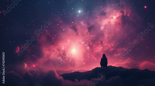A man sits back and looks at a cosmic landscape with night sky, stars and celestial light. Negative space, background. photo