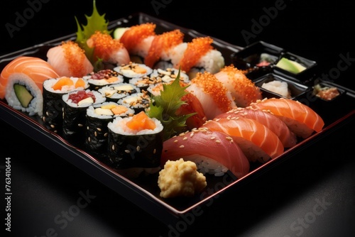 Tasty sushi on a plastic tray against a dark background