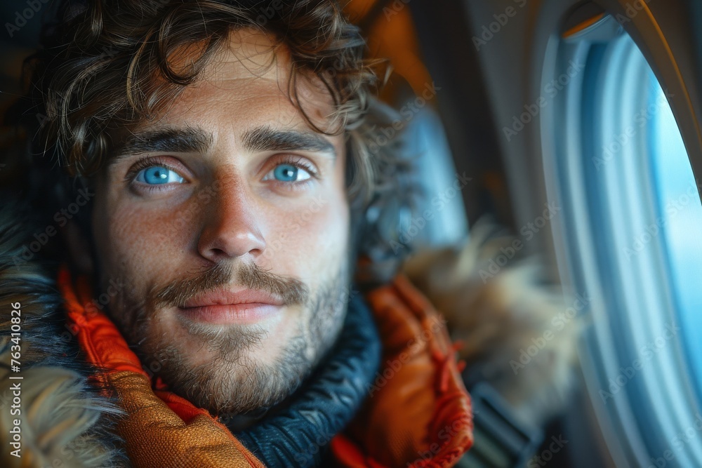 Fototapeta premium Close-up of a man with deep blue eyes and messy hair, wrapped in an orange winter jacket, inside a vehicle