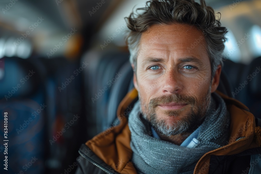A distinguished mature man with blue eyes wearing a scarf and a winter coat in an aircraft cabin with seats A distinguished mature man with blue eyes wearing a scarf and a winter coat in an aircraft cabin with seats