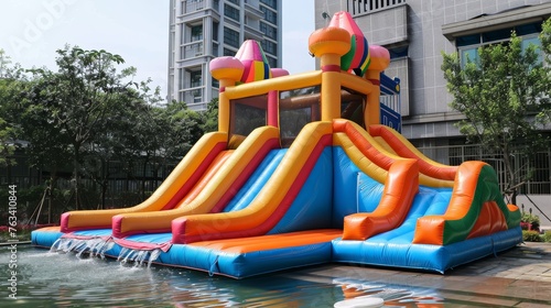 Inflatable bounce house water slide in the backyard