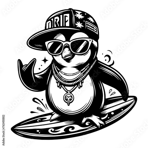 Stylish Penguin with Sunglasses and Cap Surfing Illustration. Hippie Penguin Surfing Illustration in Monochrome Style. SWAG Penguin  on Surfboard: Playful Black and White vector Illustration.