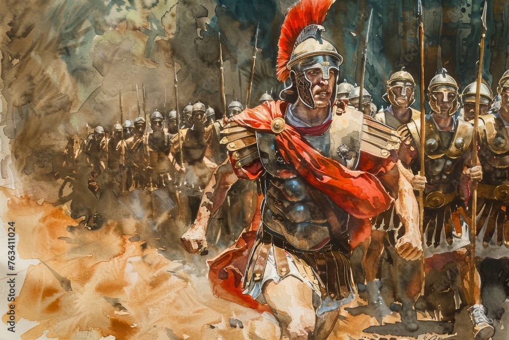 Dramatic watercolor painting of a Roman soldier heroically leading a charge. Dramatic watercolor painting of a Roman soldier heroically leading a charge.