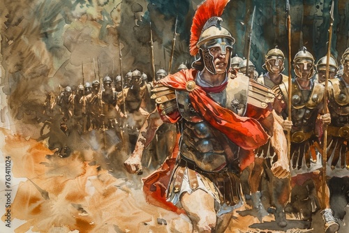 Dramatic watercolor painting of a Roman soldier heroically leading a charge.
