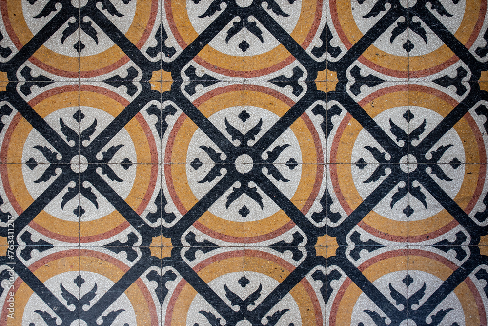 Hydraulic tile flooring, traditional mosaic, historic house flooring. 4 colors, handmade ceramics, artisanal work. Architecture. Brazil, Brazilian old house. Geometric seamless pattern texture.