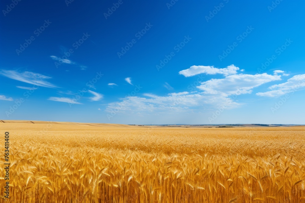 Golden wheat field stretching to the horizon under a blue sky