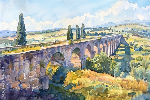 Watercolor landscape of an ancient Roman aqueduct transporting water through a scenic valley