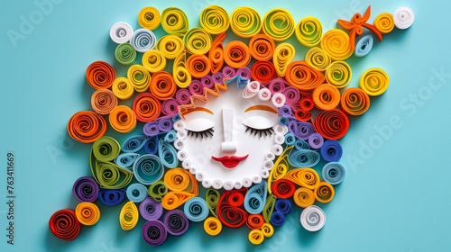 A charming depiction of a girl with curly hair crafted in quilling style