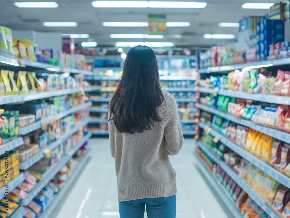 Young Woman Shopping in Grocery Store Aisle, Choosing Products Carefully