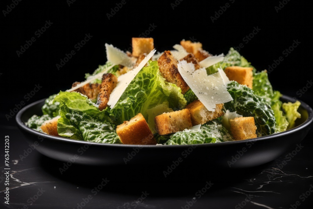 Juicy caesar salad on a marble slab against a dark background Juicy caesar salad on a marble slab against a dark background