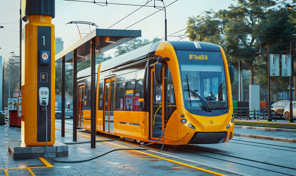 Fast charging of new energy in tram charging, on the clean background. - obrazy, fototapety, plakaty 