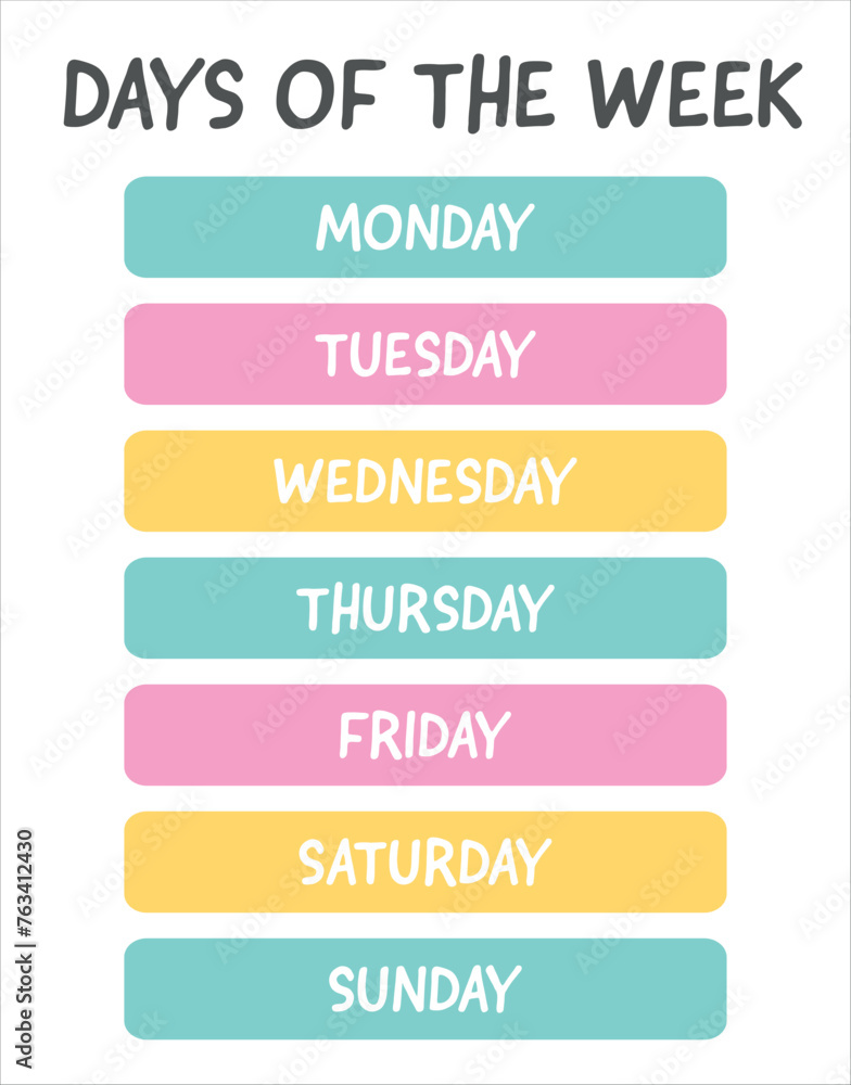 Days of the week, lettering inscription handwriting stickers with days for planer, scrapbooking, bullet journal. Learning days of the week poster for classroom, kids, preschool, kindergarten, playroom - obrazy, fototapety, plakaty 